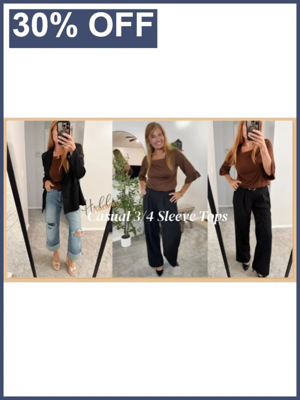 Womens 3/4 Sleeve Square Neck Ruffle Tunic Blouse Loose Fit Casual Top